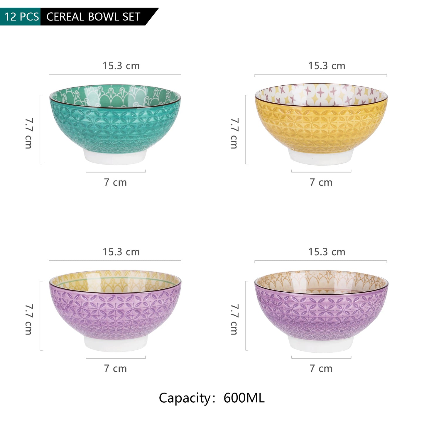 Vancasso Tulip 4-Piece 6" Mandala Pattern 600ML Porcelain Cereal Bowls Large Ceramic Rice/Ice Cream/Snack/Soup/Fruit/Noodle Bowl