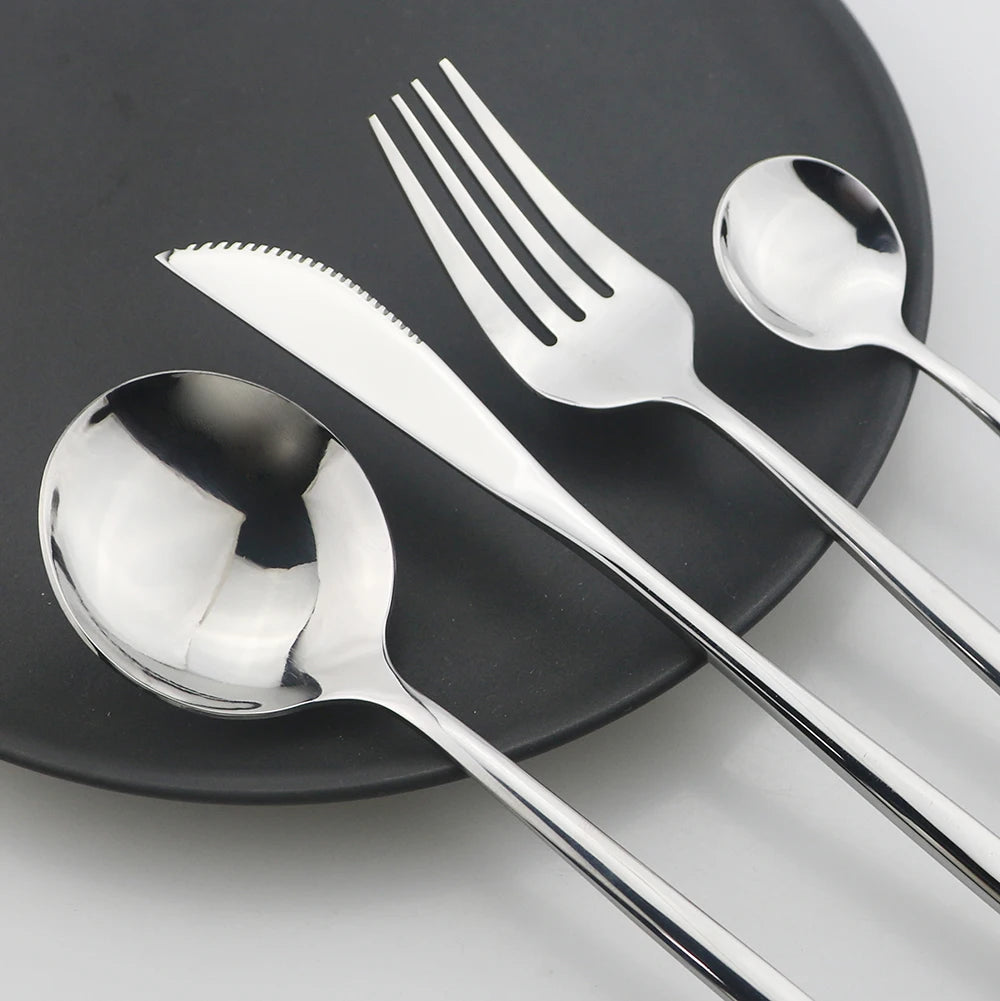 Dinnerware Set Dinner Knife Fork Spoon Tableware Set Stainless Steel Flatware Silverware Wedding Hotel Glossy Black Cutlery Set
