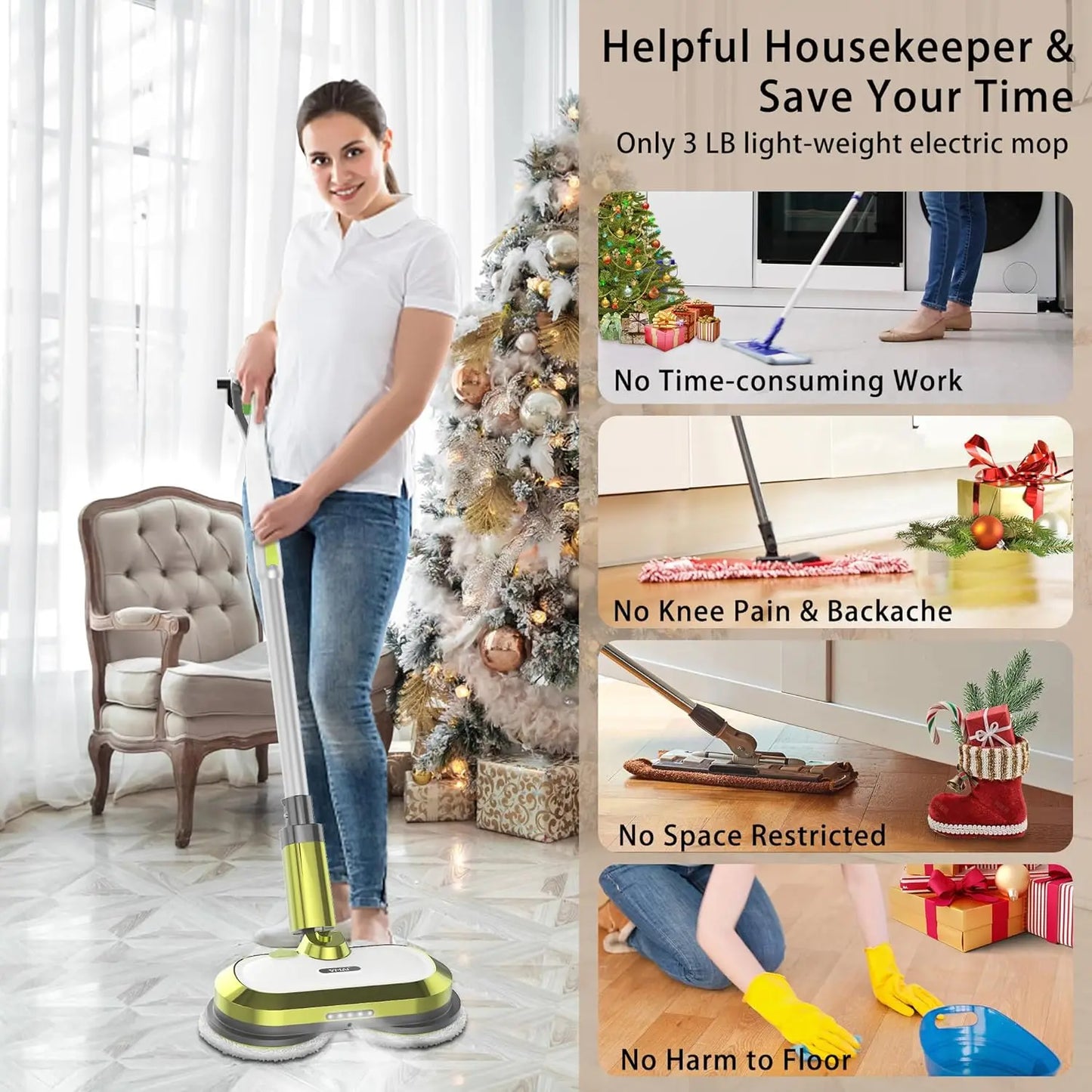 Mop, Electric Spin Mop with LED Headlight and Water Spray, Up to 60 mins Powerful Floor Cleaner with 300ml Water Tank & Detachab