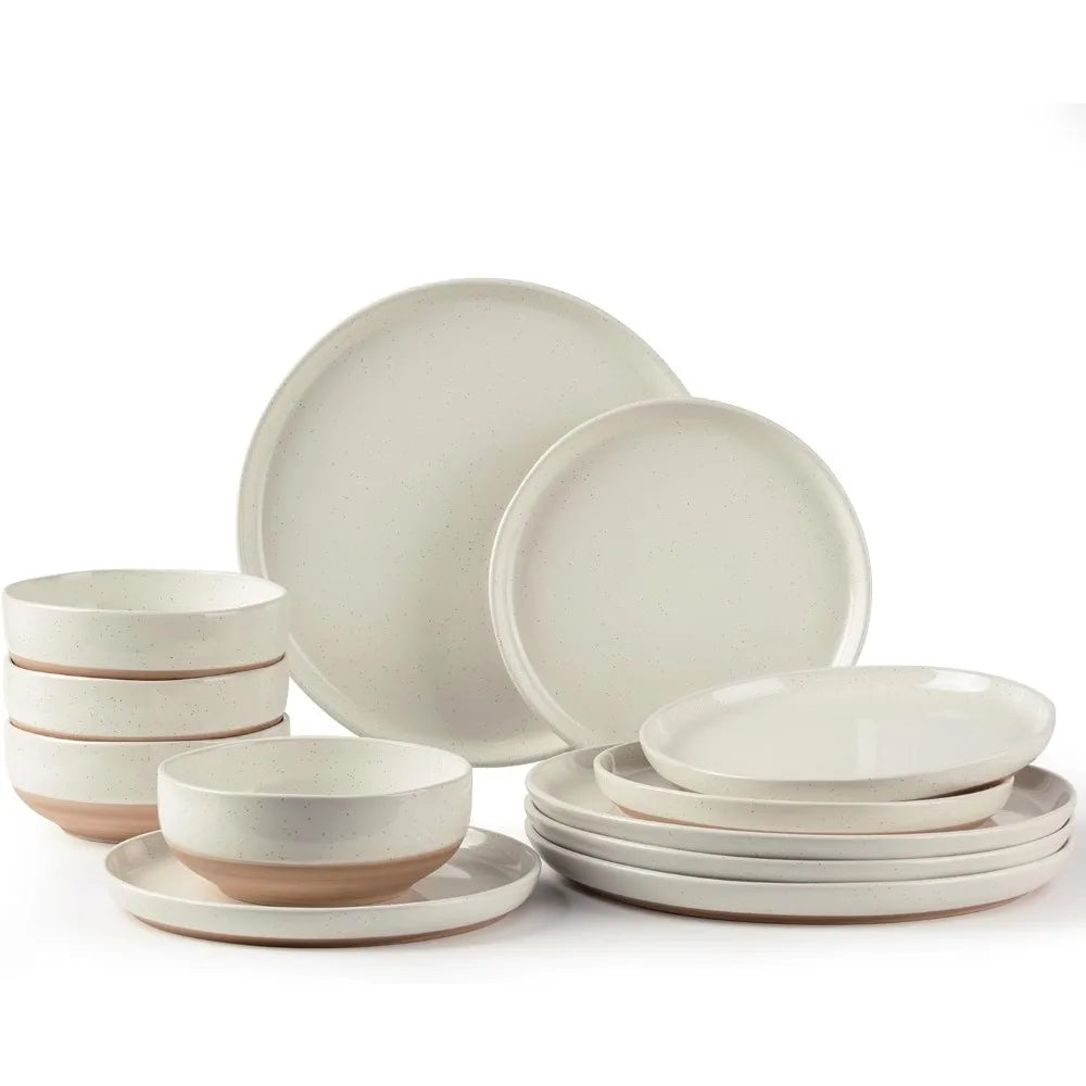 Ceramic Dinnerware Sets for 4, 12 Pieces Handpainted Plates and Bowls Set with Rustic Terracotta