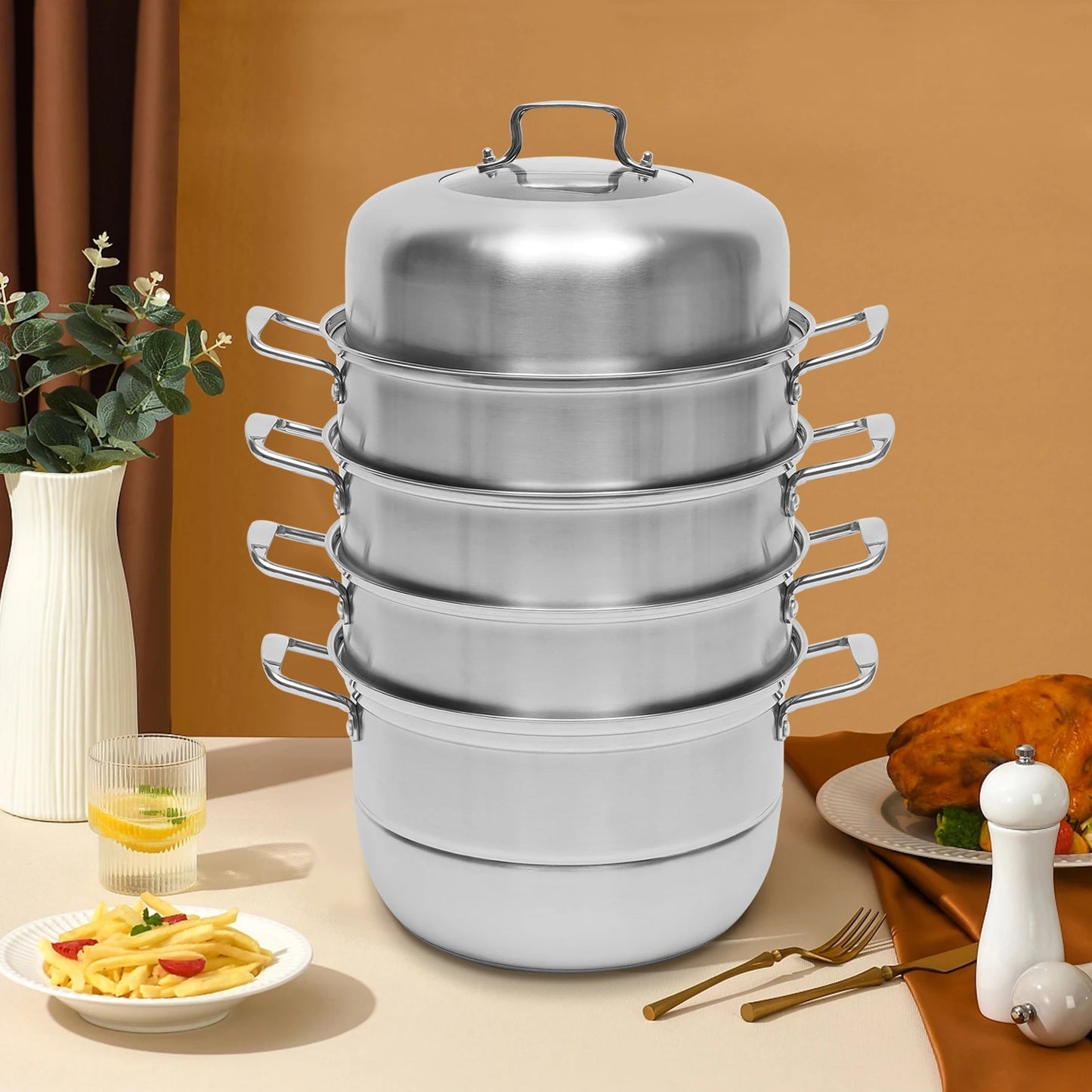 5 Layers Stainless Steel Steamer Pot Steaming Food Trays Cookware for Gas Electric Stove