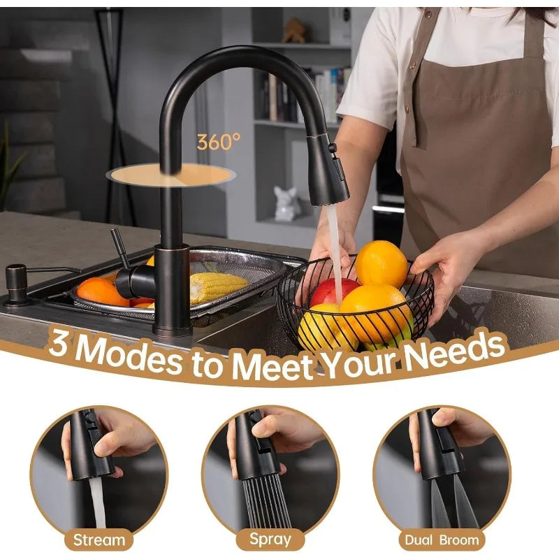 APPASO Oil Rubbed Bronze Kitchen Faucet, Stainless Steel Kitchen Faucet with Soap Dispenser and Pull Down Sprayer 3 Modes