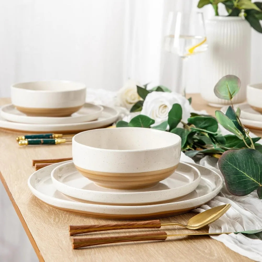Ceramic Dinnerware Sets for 4, 12 Pieces Handpainted Plates and Bowls Set with Rustic Terracotta
