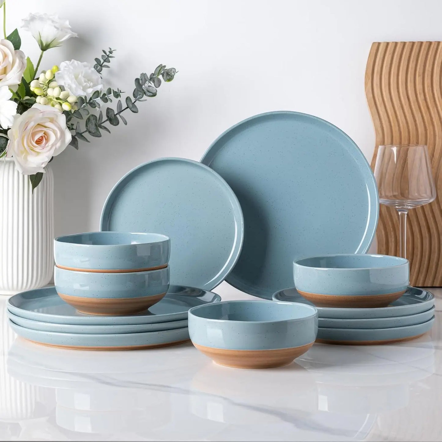 Ceramic Dinnerware Sets for 4, 12 Pieces Handpainted Plates and Bowls Set with Rustic Terracotta