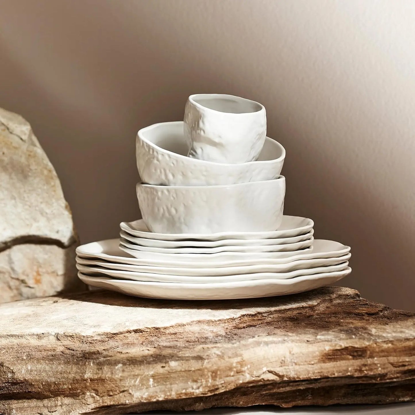 Atik Modern Stoneware 16-Piece Dinnerware Set, Plate And Bowl Set, Dish Set For 4, White