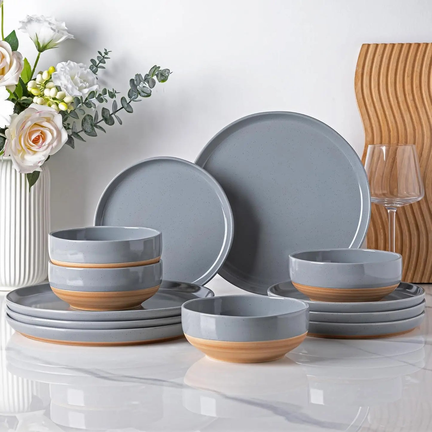 Ceramic Dinnerware Sets for 4, 12 Pieces Handpainted Plates and Bowls Set with Rustic Terracotta