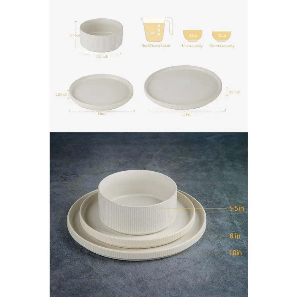 Star Dinnerware Sets, Plates and Bowls Set for 4, 12 Piece Dish Set, Ribbed, Full Glaze Matte White