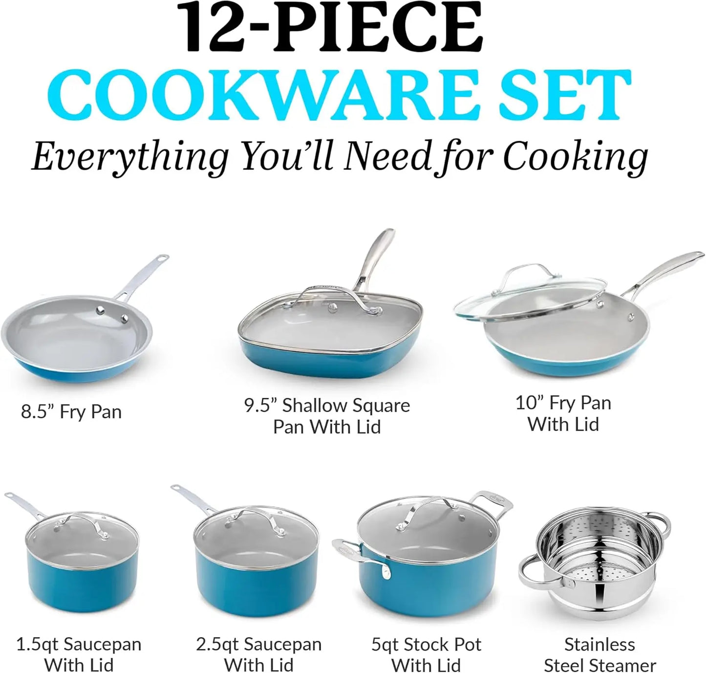 Blue Pots and Pans Set, 12 Piece Nonstick Ceramic Cookware, Includes Frying Pans, Stockpots & Saucepans, Stay Cool Handles