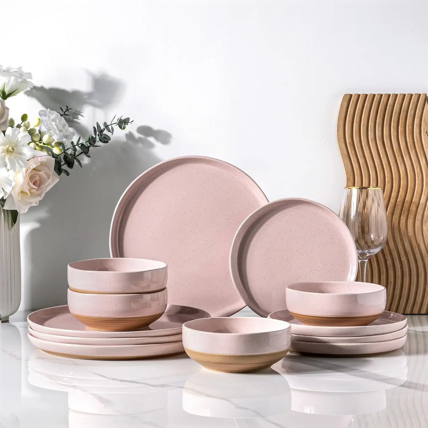 Ceramic Dinnerware Sets for 4, 12 Pieces Handpainted Plates and Bowls Set with Rustic Terracotta