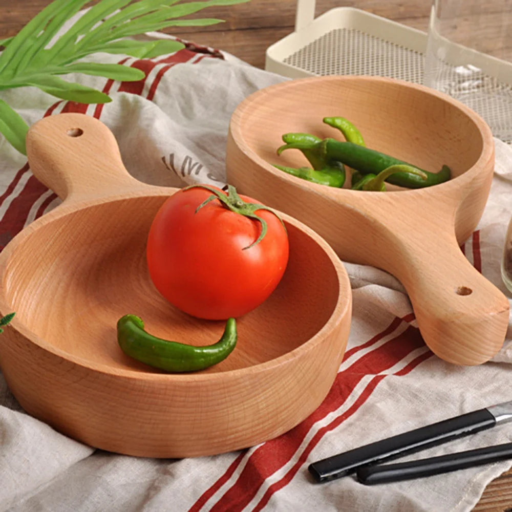 Wooden Bowl with Handle Kitchen Household Wood Fruit Bowl Salad Bowl For Home Restaurant Food Container