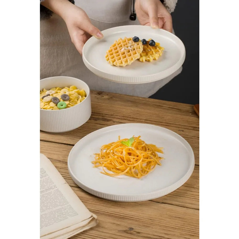 Star Dinnerware Sets, Plates and Bowls Set for 4, 12 Piece Dish Set, Ribbed, Full Glaze Matte White