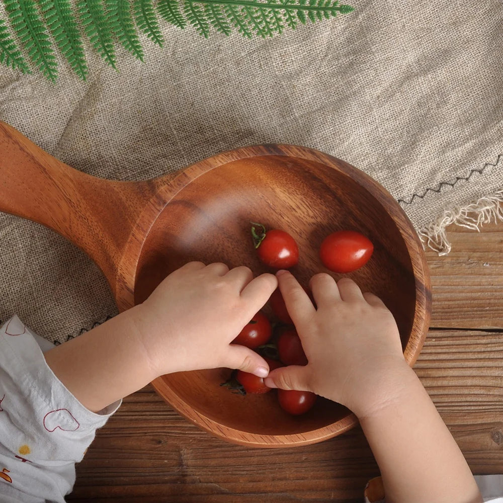 Wooden Bowl with Handle Kitchen Household Wood Fruit Bowl Salad Bowl For Home Restaurant Food Container