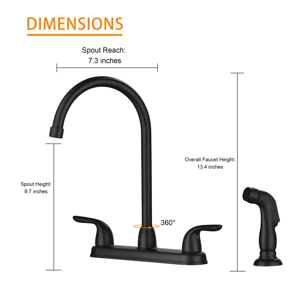 Kitchen Sink Faucet with 2 Handles and Pull-Out Side Sprayer 4-Hole Installation Matte Black