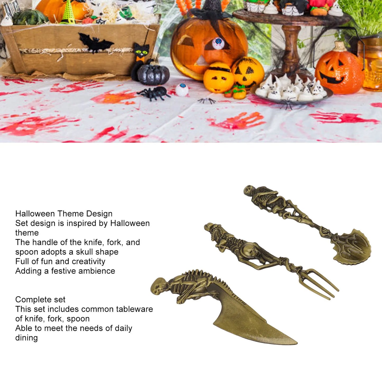 Halloween Skeletal Cutlery Sets Personality Skull Metal Zinc Alloy Tableware Creativity Skeleton Fork Spoon Knife Halloween Gif