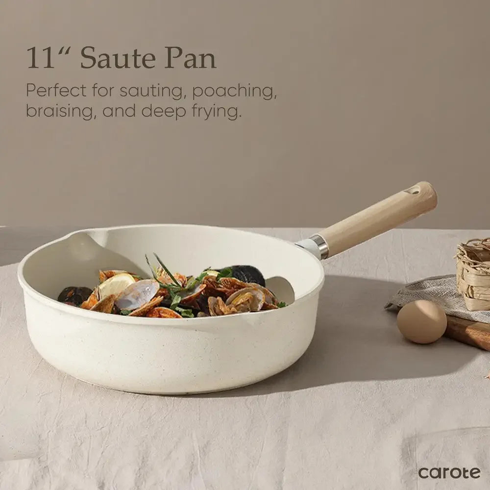 Nonstick Granite Cookware Set Healthy Cooking Induction Compatible CAROTE 5.0QT Sauté Pan White Color