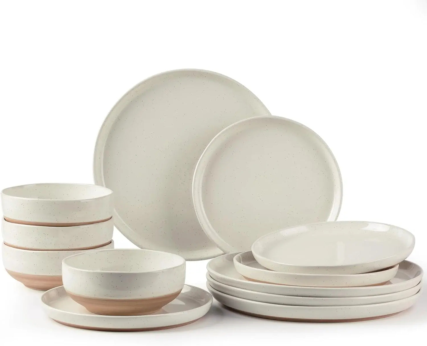 Ceramic Dinnerware Sets for 4, 12 Pieces Handpainted Plates and Bowls Set with Rustic Terracotta