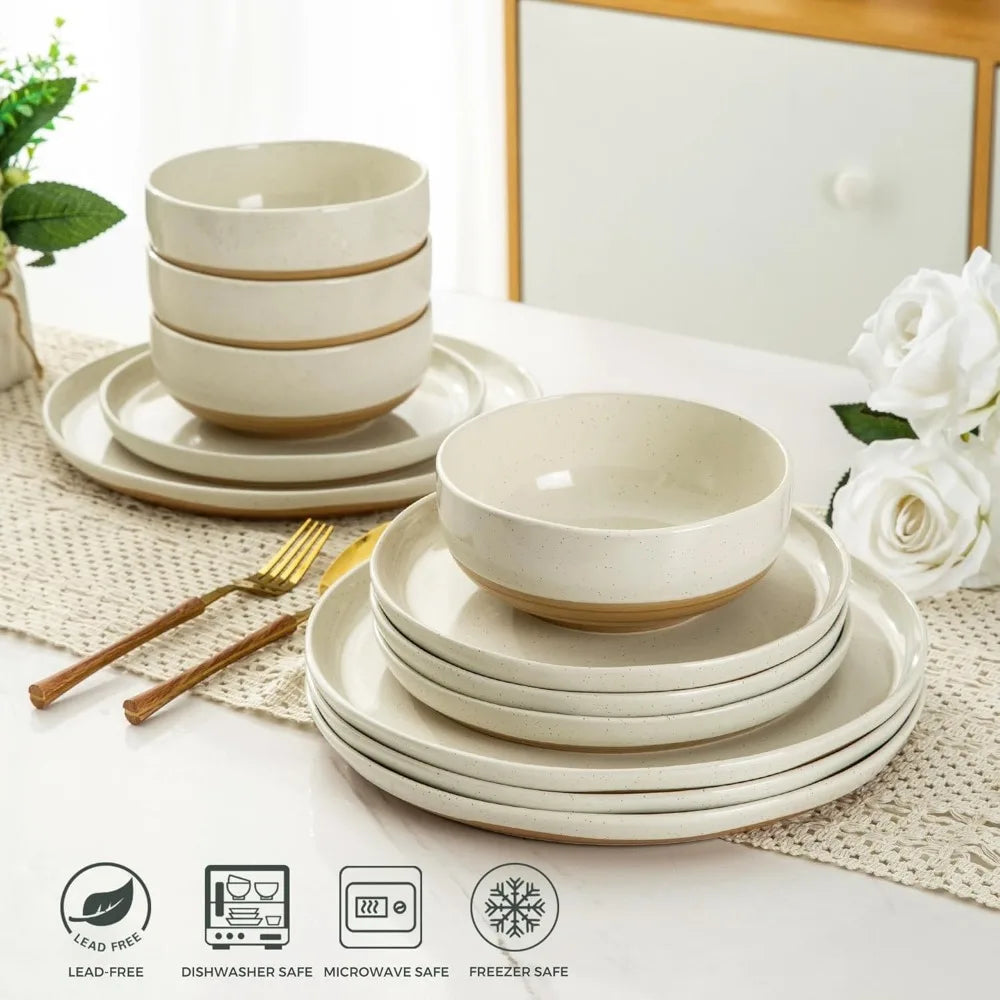 Ceramic Dinnerware Sets for 4, 12 Pieces Handpainted Plates and Bowls Set with Rustic Terracotta