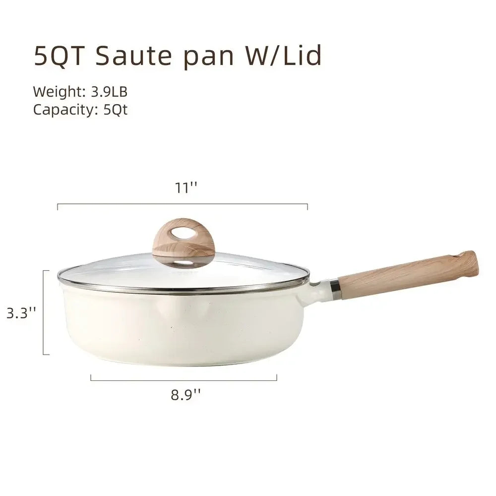 Nonstick Granite Cookware Set Healthy Cooking Induction Compatible CAROTE 5.0QT Sauté Pan White Color