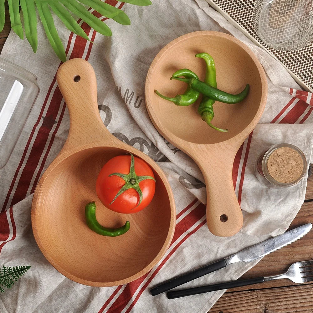 Wooden Bowl with Handle Kitchen Household Wood Fruit Bowl Salad Bowl For Home Restaurant Food Container