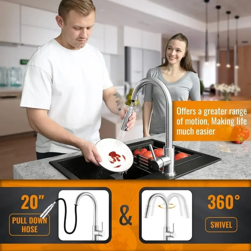 APPASO Kitchen Faucet with Soap Dispenser, Kitchen Faucet with Pull Down Sprayer, Brushed Nickel Kitchen Sink Faucets