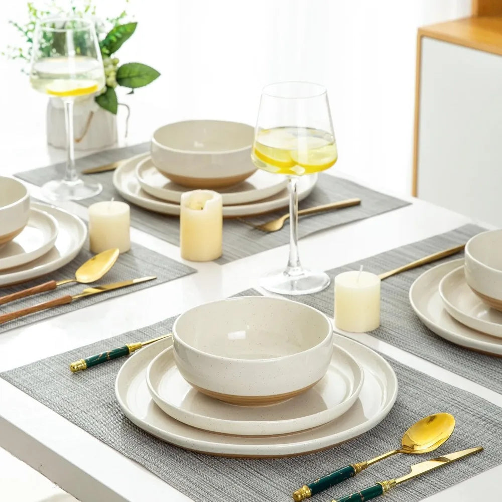 Ceramic Dinnerware Sets for 4, 12 Pieces Handpainted Plates and Bowls Set with Rustic Terracotta