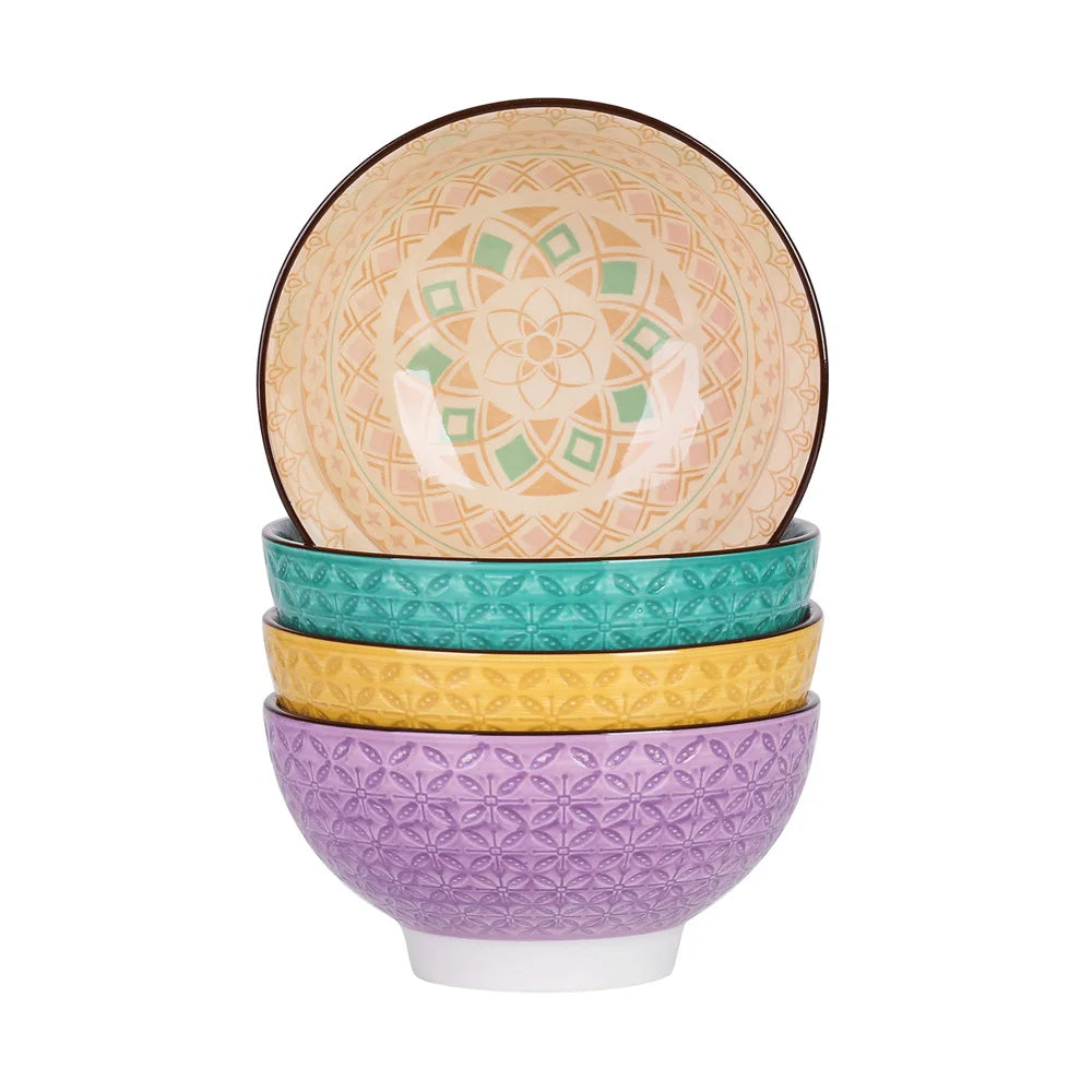 Vancasso Tulip 4-Piece 6" Mandala Pattern 600ML Porcelain Cereal Bowls Large Ceramic Rice/Ice Cream/Snack/Soup/Fruit/Noodle Bowl