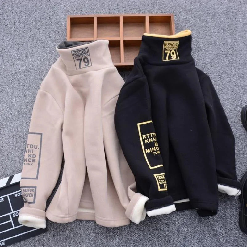 Children Boys Sweater Soft Turtleneck Kids Winter Warm Pullover Tops Long Sleeve Letters Printing Sweater Fashion Girls Hoodies