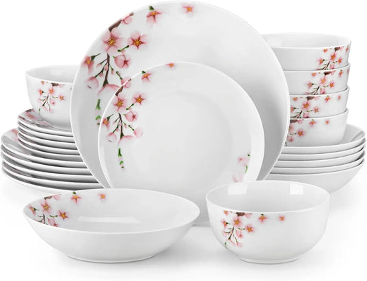 24 Pieces Dinnerware Sets for 6, Porcelain Plates and Bowls Set with Pink Floral, Classic Dishes Set Dining Ware for Dinner, Mic