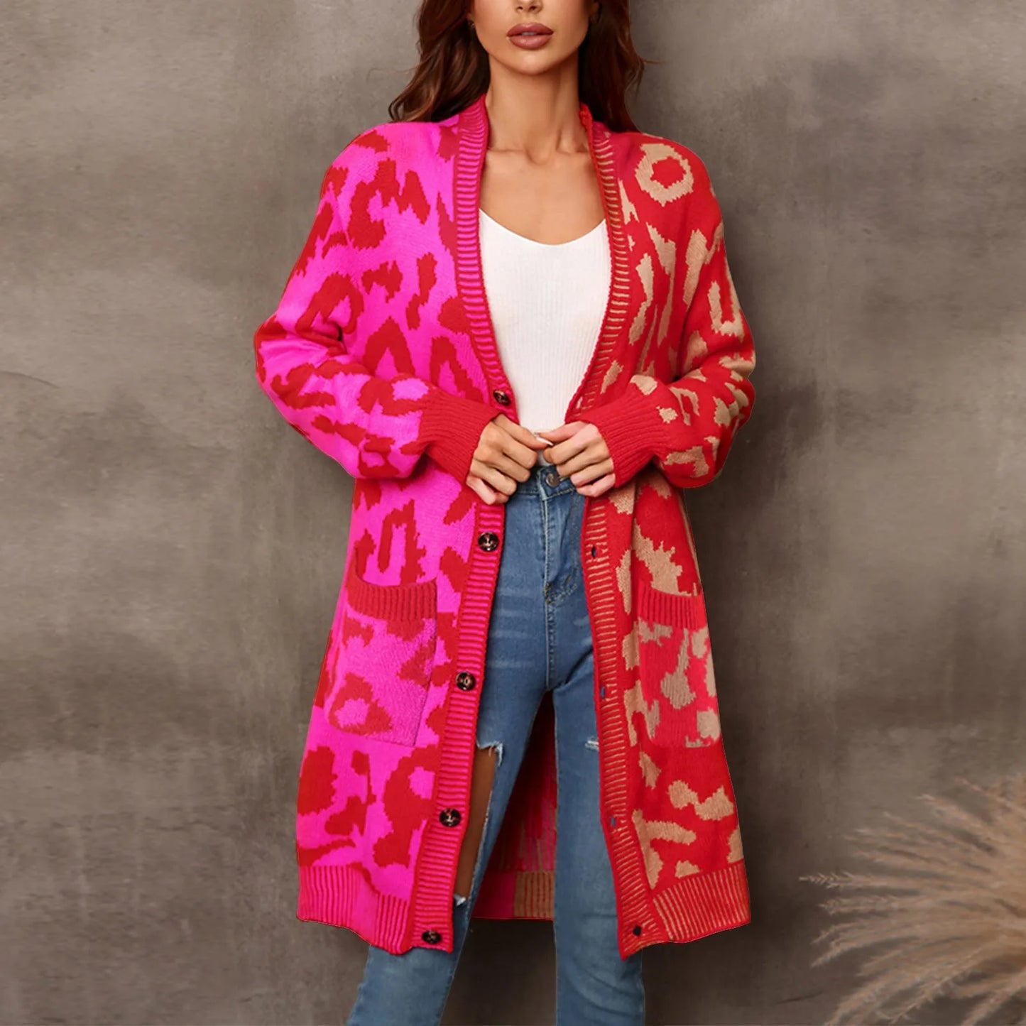 Autumn Winter 2024 New Leopard Splice Sweater Women Knitted Cardigan Fashion Streetwear Pocket Coat Mid Length Cardigan Tops