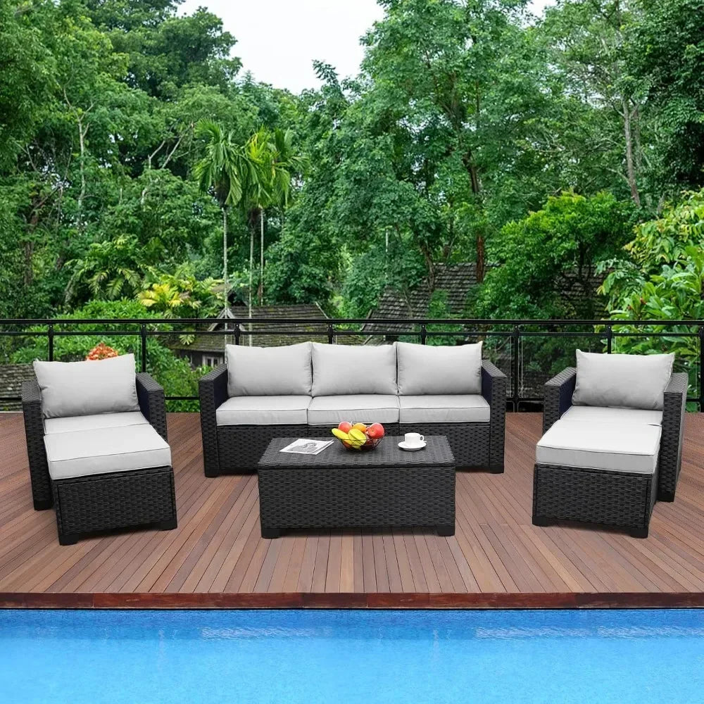 Patio Wicker Furniture Set 6 Pieces Outdoor HDPE Wicker Conversation Couch Sectional Chair Sofa Set with  Cushions