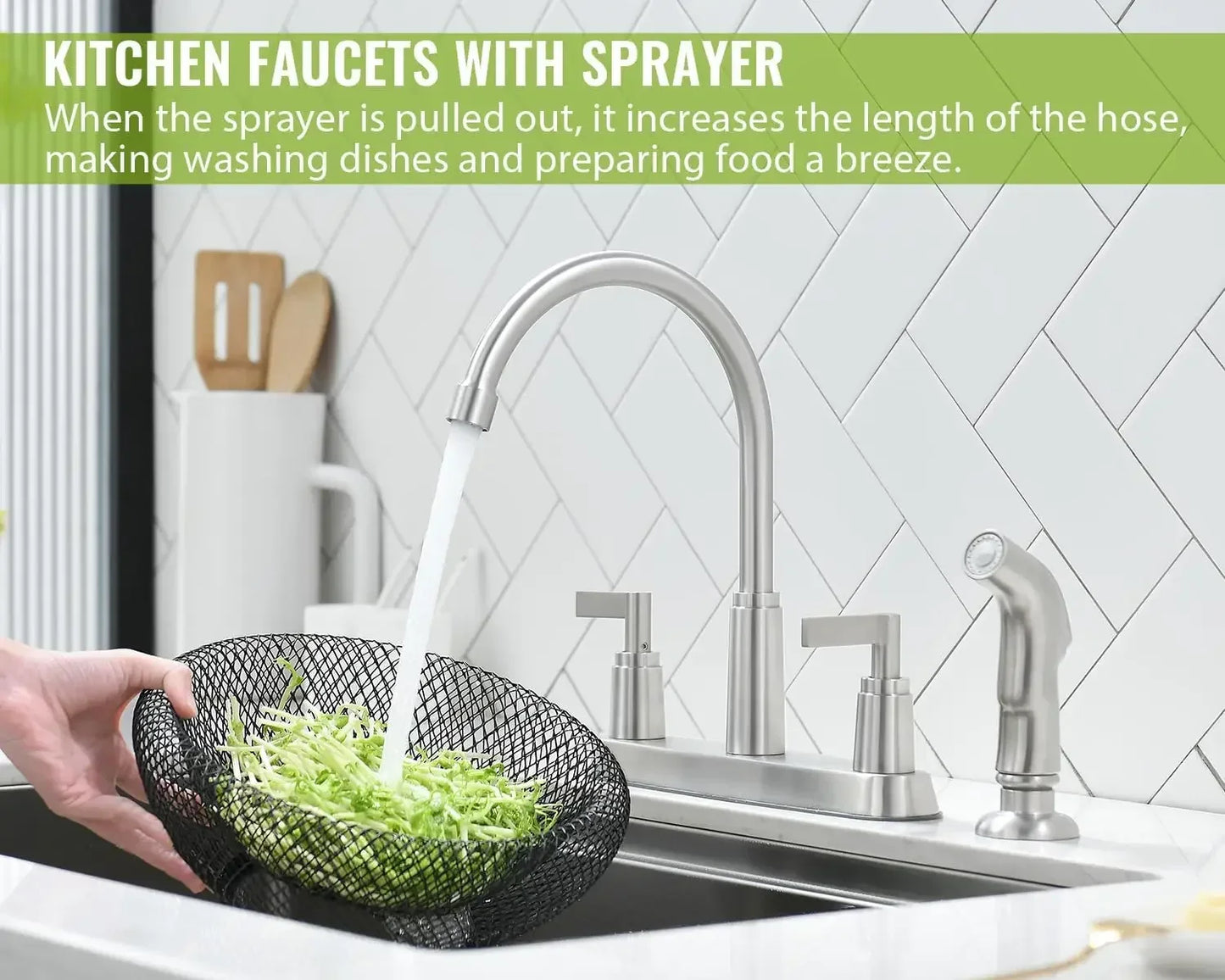 Kitchen Faucet with Sprayer, Brushed Nickel Stainless Steel Kitchen Sink Faucet W/ Side Sprayer, 3 Hole or 4 Hole Faucet