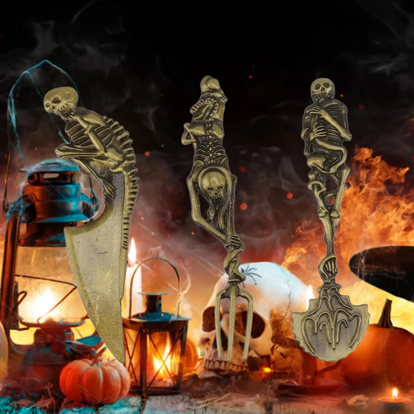 Halloween Skeletal Cutlery Sets Personality Skull Metal Zinc Alloy Tableware Creativity Skeleton Fork Spoon Knife Halloween Gif