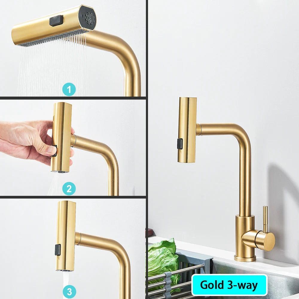 Black Kitchen Faucets Black Pull Out Rotation Waterfall Sprayer Sink Mixer Brushed Nickle Water Tap