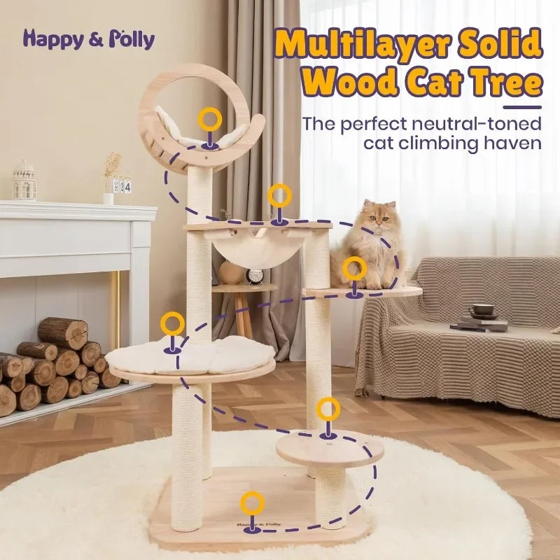 Solid Wood Cat Tree - 56.3" Multi-Leve Building Block Cat Tower with Cozy Hammock, Sisal Scratching Posts, Padded Platform