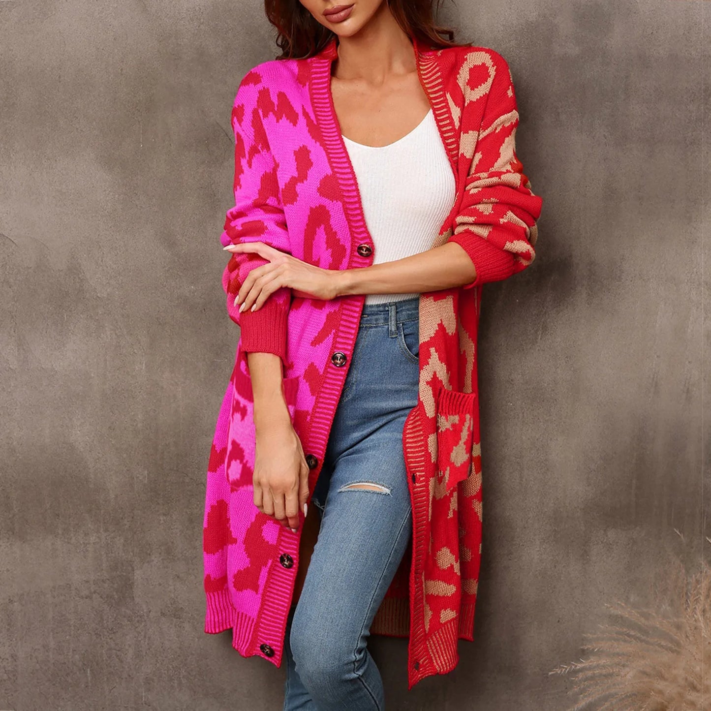 Autumn Winter 2024 New Leopard Splice Sweater Women Knitted Cardigan Fashion Streetwear Pocket Coat Mid Length Cardigan Tops