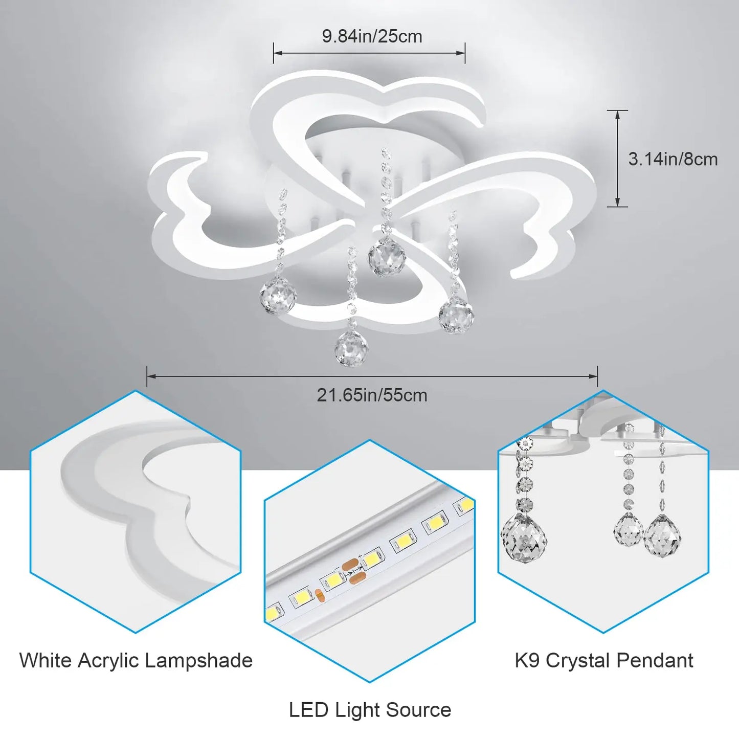 Modern LED Ceiling Light, 4-Head Flower Ceiling Light Fixture with Crystal and Remote Control, 3000K-6500K White Dimmable Chande