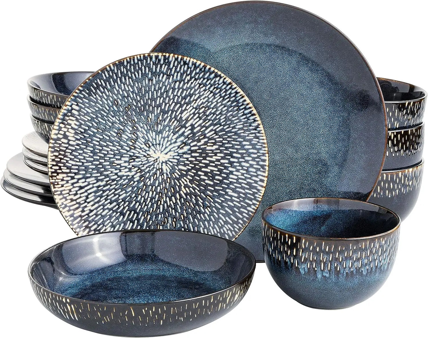 Matisse 16 Piece Double Bowl Dinnerware Set, Cobalt Blue, Service for 4 (16pcs)