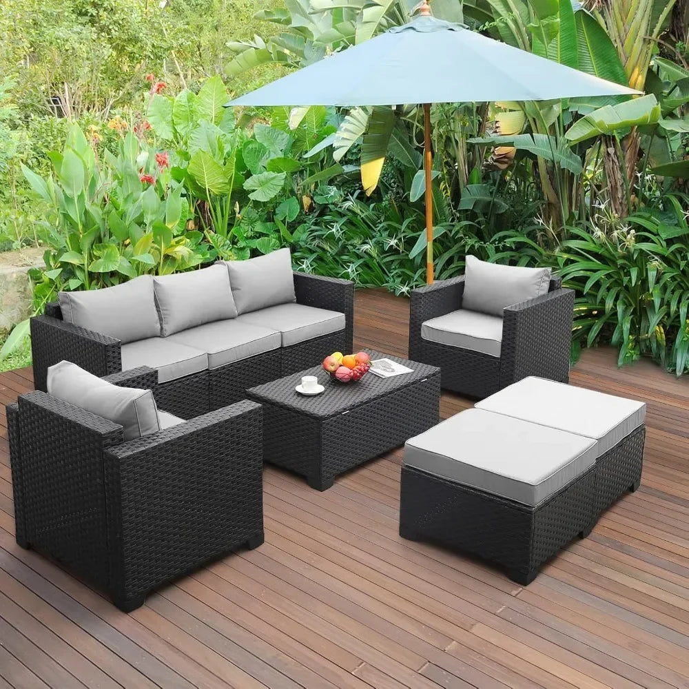 Patio Wicker Furniture Set 6 Pieces Outdoor HDPE Wicker Conversation Couch Sectional Chair Sofa Set with  Cushions