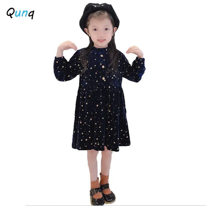 Qunq Girls' Autumn New Solid O-neck Velvet Long Sleeve Hot Stamping Stars Princess Dress Lovely Casual Kids Clothes Age 3T-8T