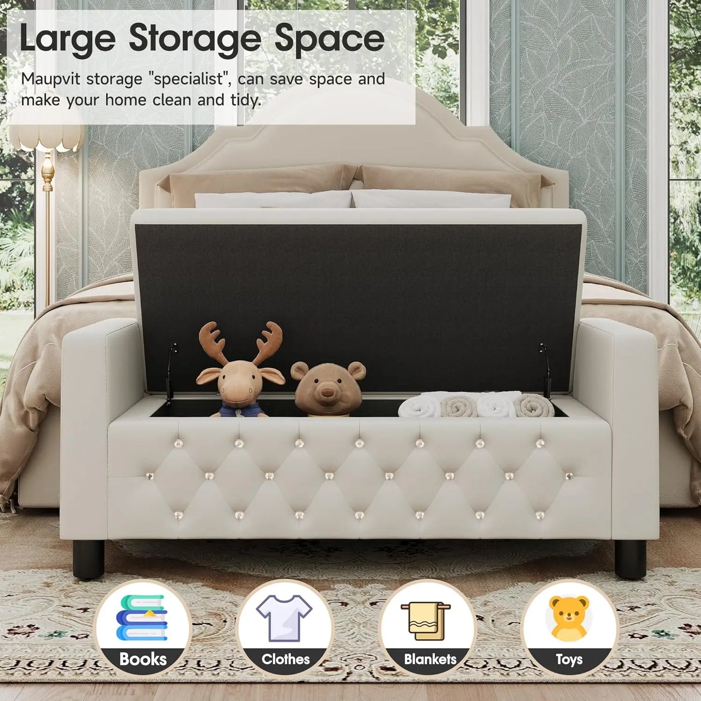 Vabches 55'' Ottoman Storage Bench Linen Upholstered Bedroom Bench Footrest Stool with Arms & 2 Pillows for Living Room Entryway