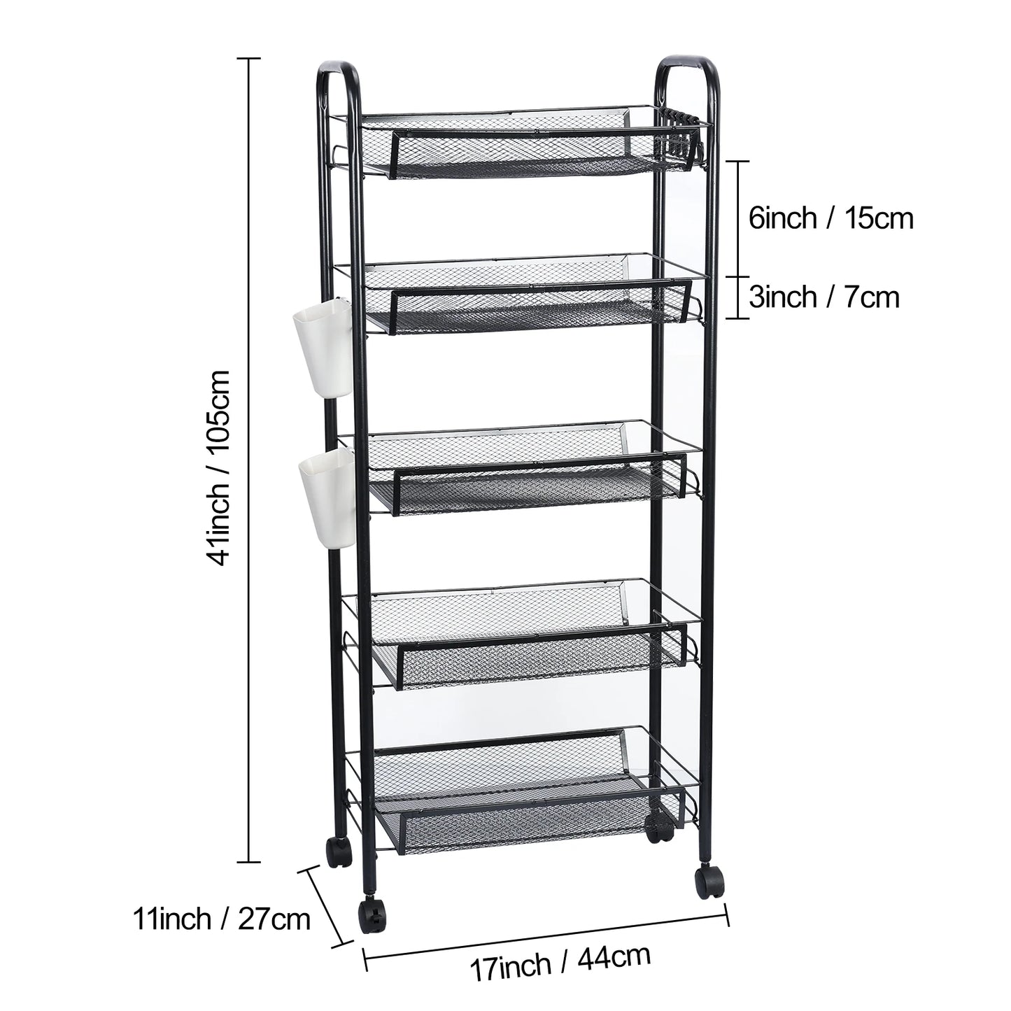 5 Tier Stackable Metal Mesh Storage Basket with 360 Degree Wheels, Fruit Vegetable Produce Basket Storage Organizer for Kitchen