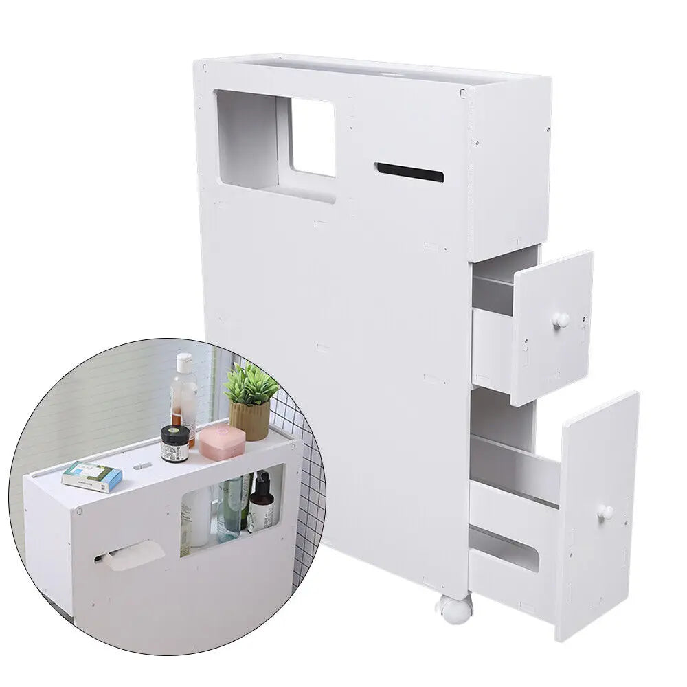 Floor Standing Slim Bathroom Storage Cabinet, White Narrow Cupboard Shelf