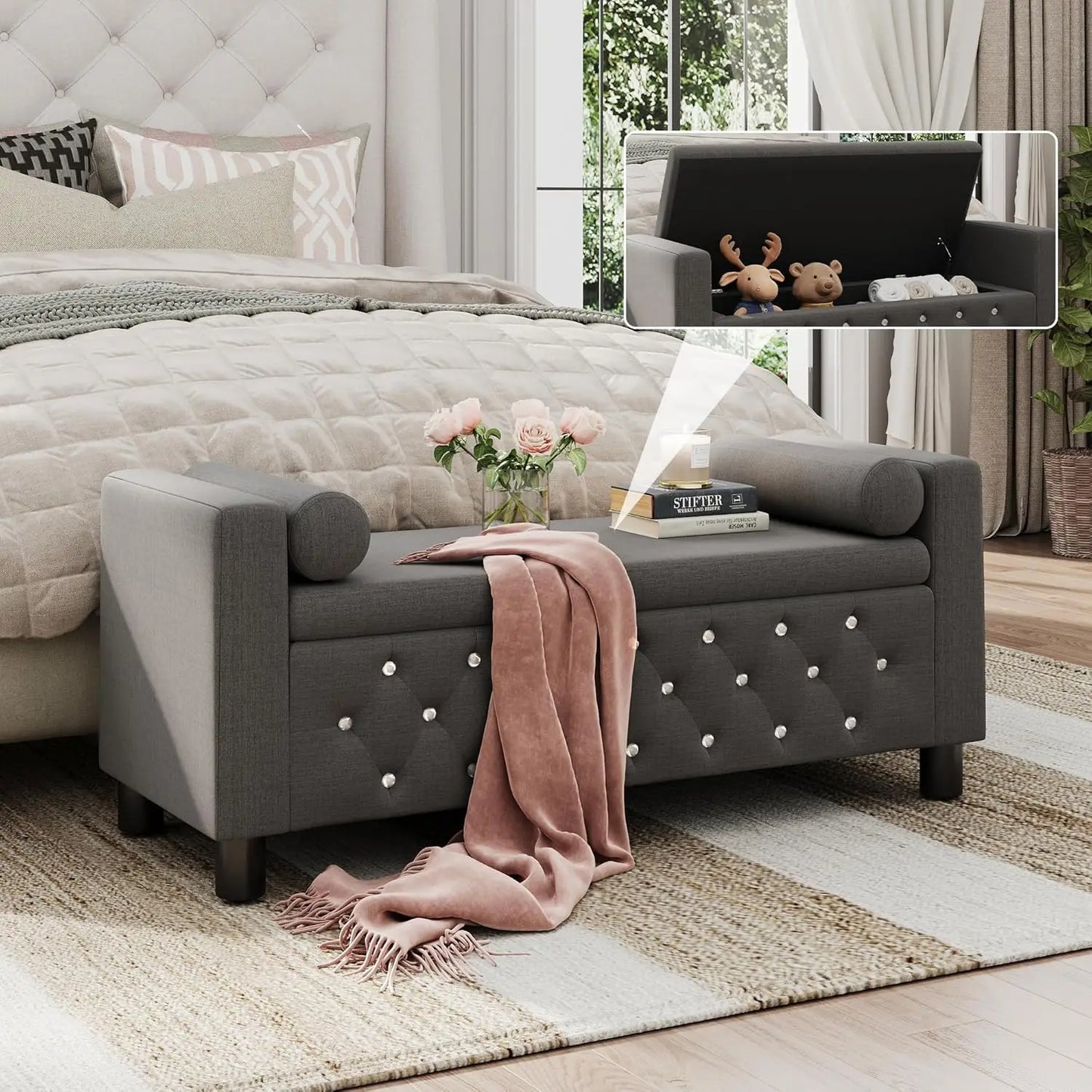 Vabches 55'' Ottoman Storage Bench Linen Upholstered Bedroom Bench Footrest Stool with Arms & 2 Pillows for Living Room Entryway