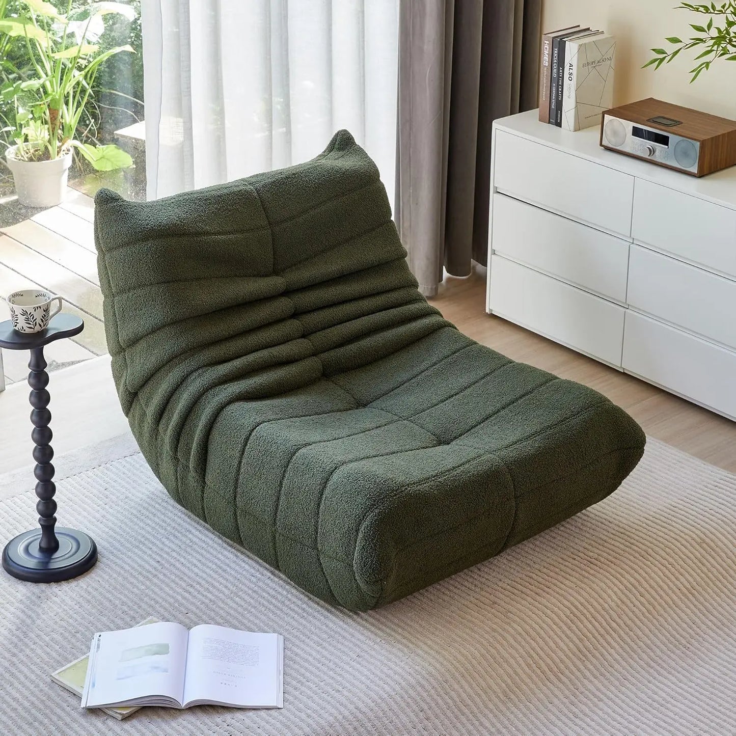 Lambswool Fireside Chair, Lazy Floor Sofa Couch, Modern Armless Floor Lounge Chair, Comfortable Accent Bean Bag Sofa, Green USA