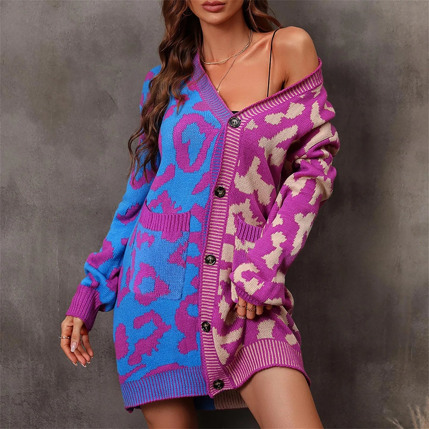 Autumn Winter 2024 New Leopard Splice Sweater Women Knitted Cardigan Fashion Streetwear Pocket Coat Mid Length Cardigan Tops