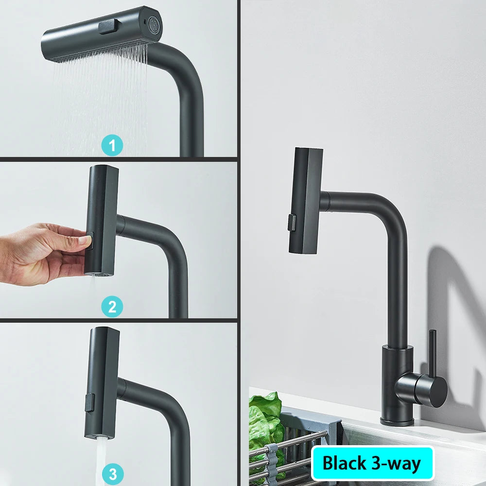 Black Kitchen Faucets Black Pull Out Rotation Waterfall Sprayer Sink Mixer Brushed Nickle Water Tap