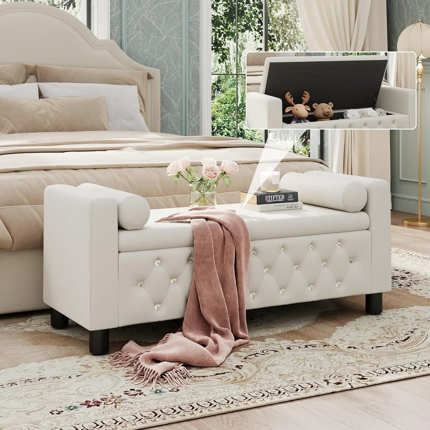 Vabches 55'' Ottoman Storage Bench Linen Upholstered Bedroom Bench Footrest Stool with Arms & 2 Pillows for Living Room Entryway