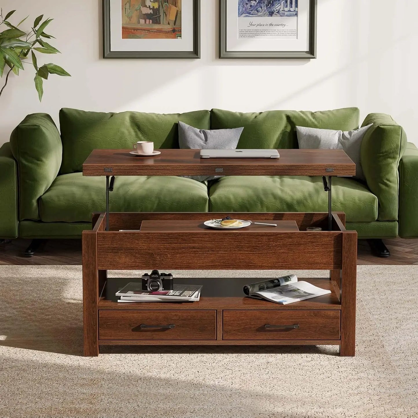 Coffee Table with Drawers and Hidden Compartment, Coffee Table Converts to Dining Table for Living Room, Home Office,Espresso