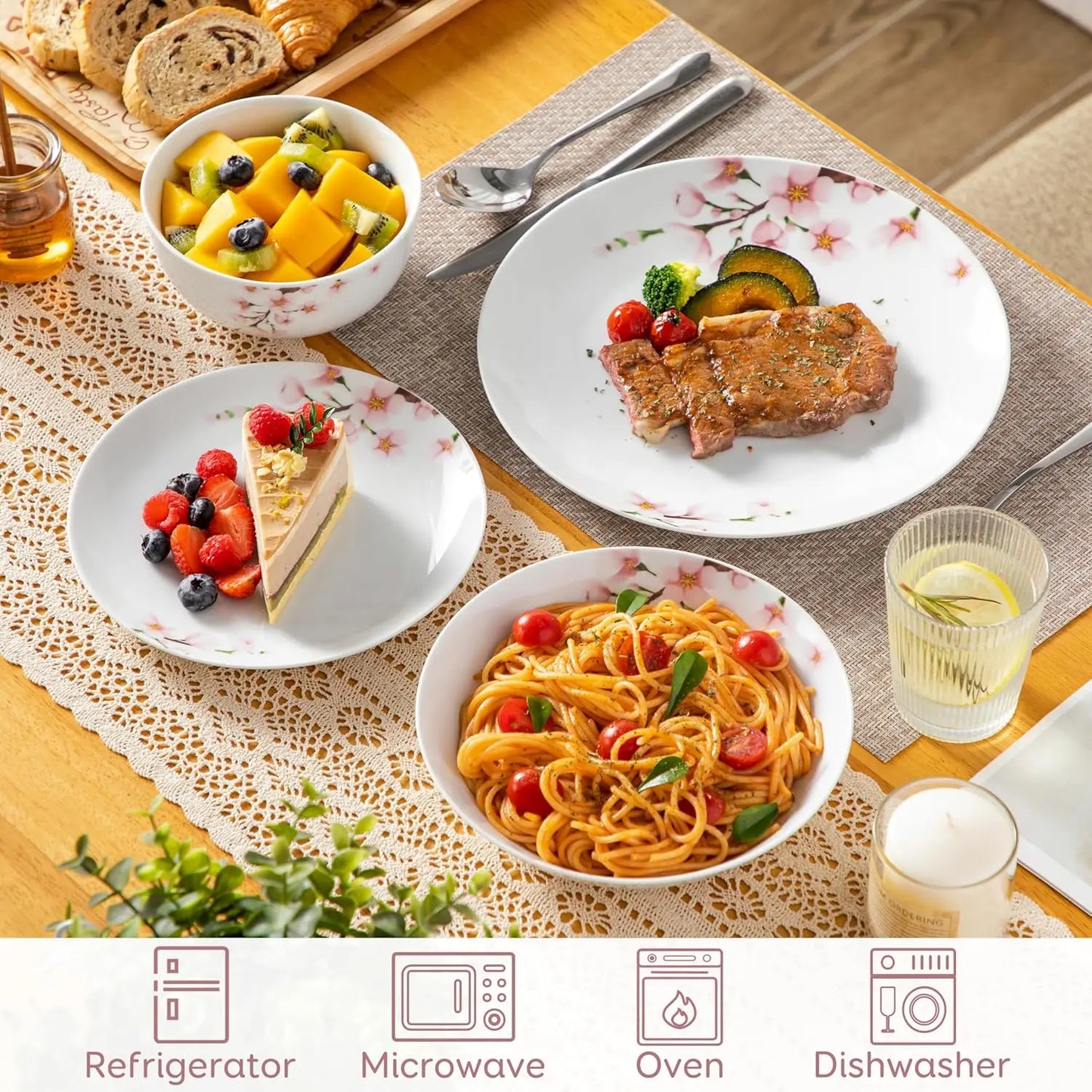 24 Pieces Dinnerware Sets for 6, Porcelain Plates and Bowls Set with Pink Floral, Classic Dishes Set Dining Ware for Dinner, Mic