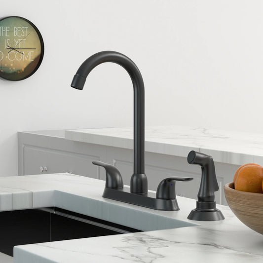 Kitchen Sink Faucet with 2 Handles and Pull-Out Side Sprayer 4-Hole Installation Matte Black